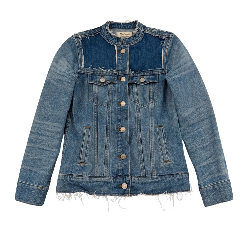 Madewell Girls Two-Tone Raw Hem Denim Jacket Blue Trucker XS Warm Y2K Cotton